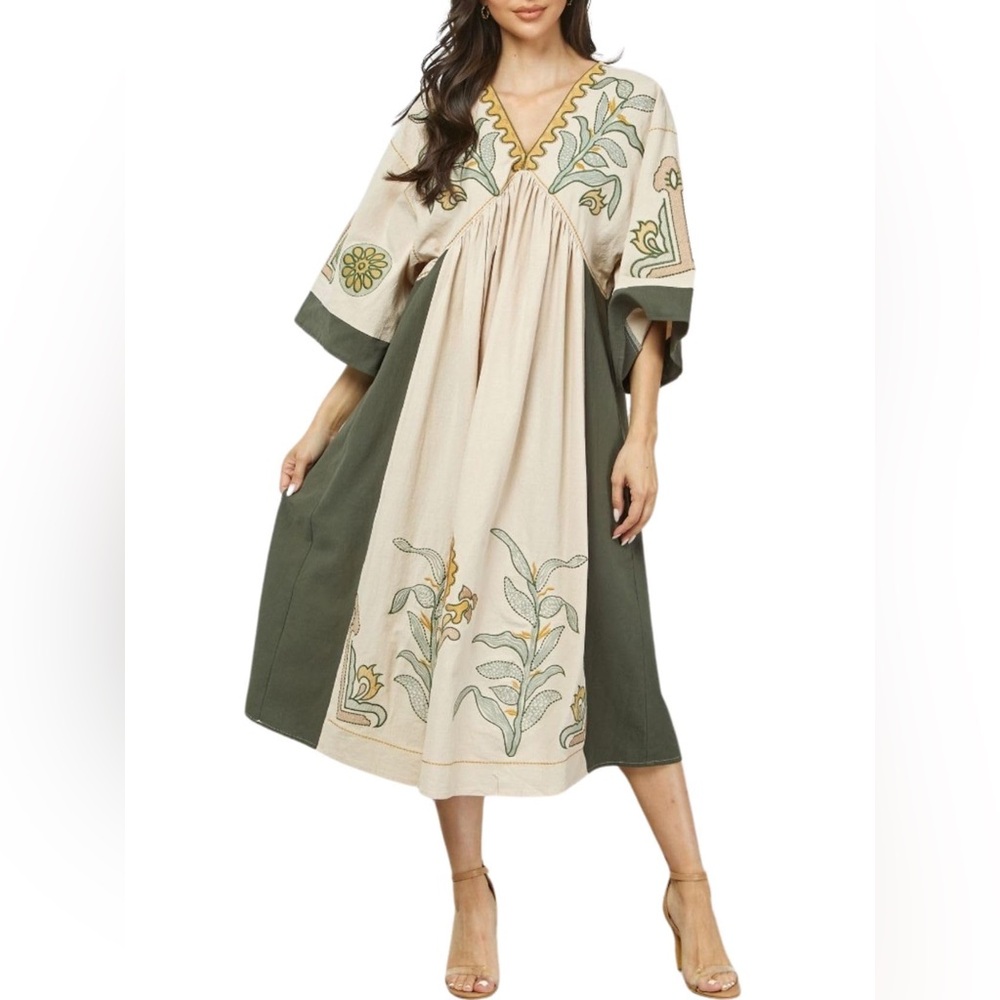 NWT Joiemont Womens Floral Embroidered dress olive size small